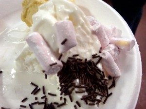 Cream cheese ice cream w/ marshmallow plugs & passion fruit sorbet
